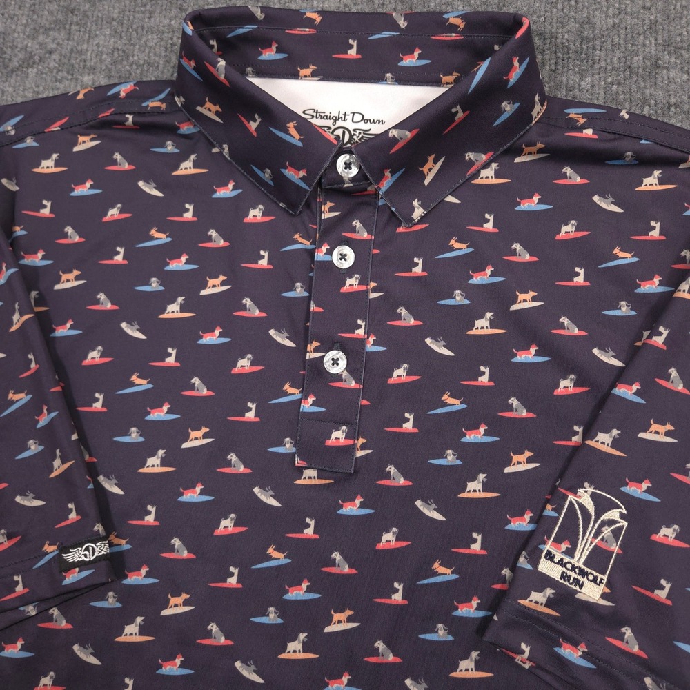 Straight Down Polo Shirt Mens L Surfing Dogs AOP Performance Golf Blackwolf Run
